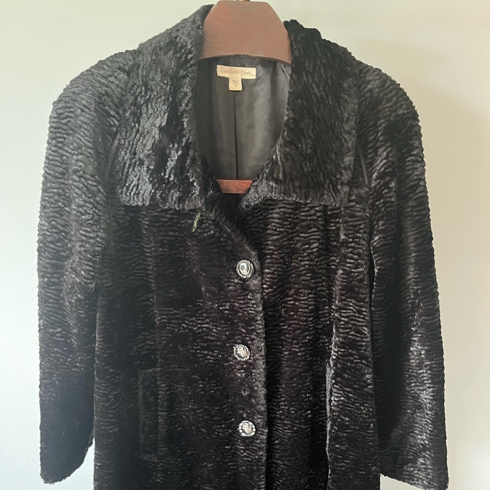 Retro Coldwater Creek Women's Black Textured Coat – Size 14 – 34” Long - EUC
